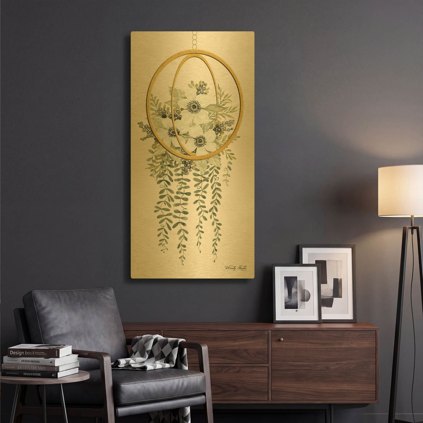 'Gold Geometric Circle & Ivy' By Cindy Jacobs Gold Metal Wall Art