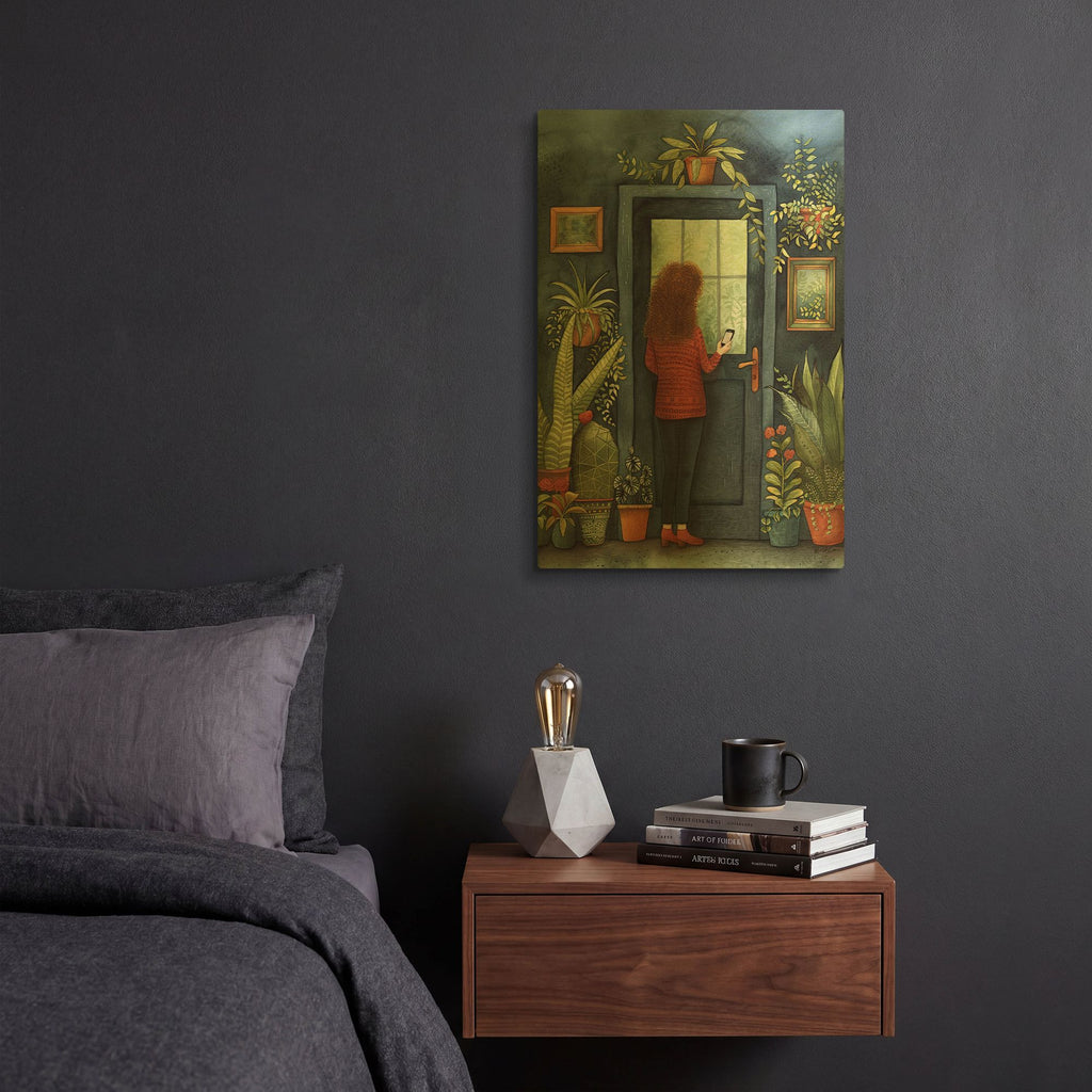 'Redhead Woman At Door 2' By Momart Gold Metal Wall Art