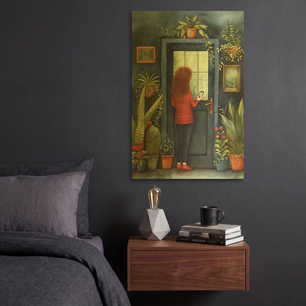 'Redhead Woman At Door 2' By Momart Gold Metal Wall Art