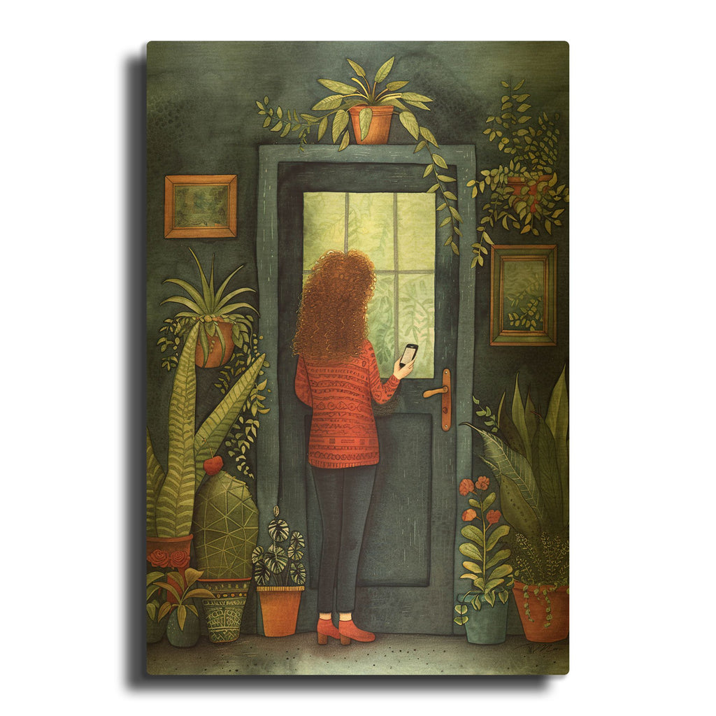 'Redhead Woman At Door 2' By Momart Gold Metal Wall Art