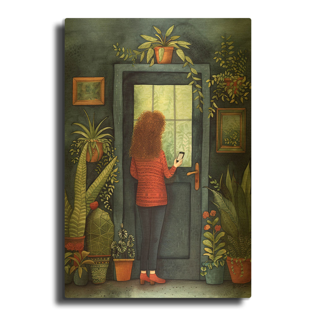 'Redhead Woman At Door 2' By Momart Gold Metal Wall Art