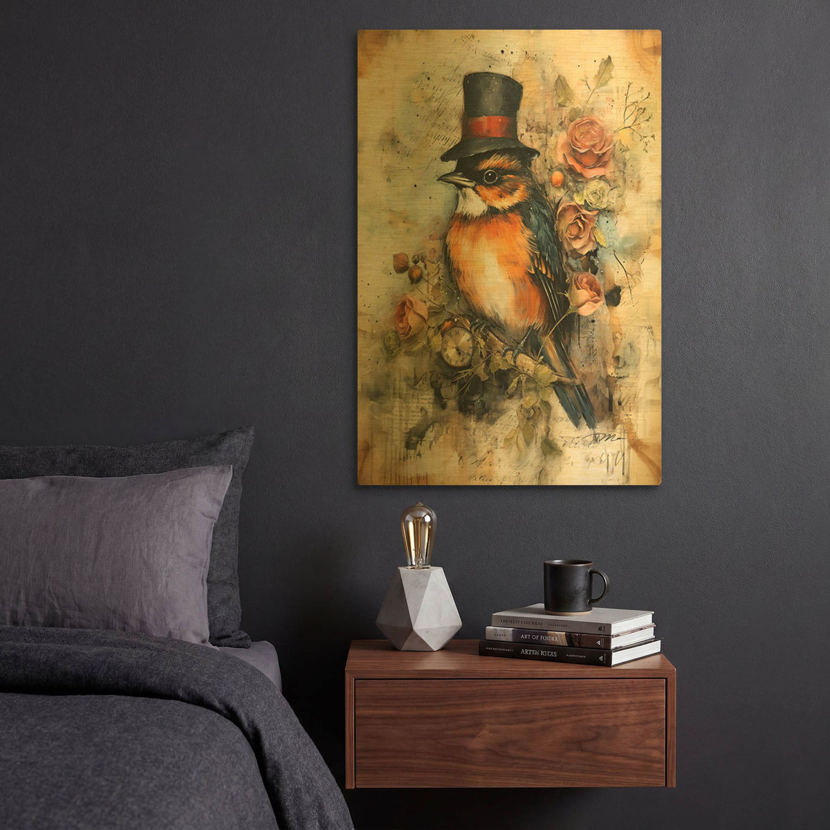 'Robin With The Cylinder' By Momart Gold Metal Wall Art