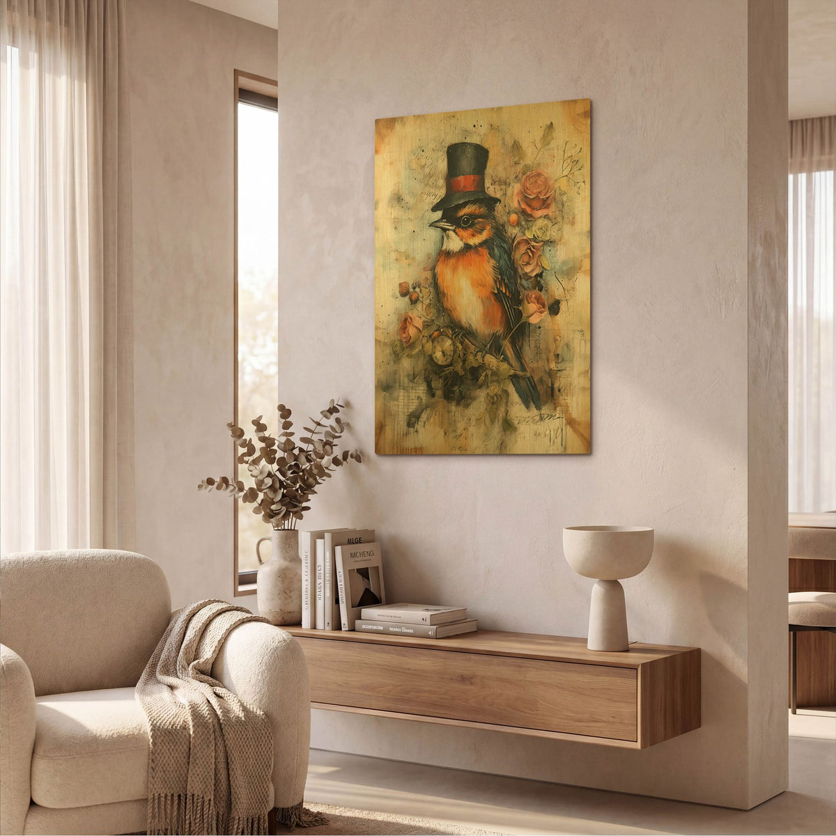 'Robin With The Cylinder' By Momart Gold Metal Wall Art