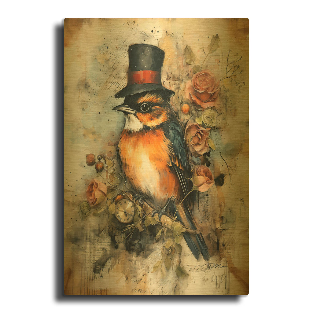 'Robin With The Cylinder' By Momart Gold Metal Wall Art