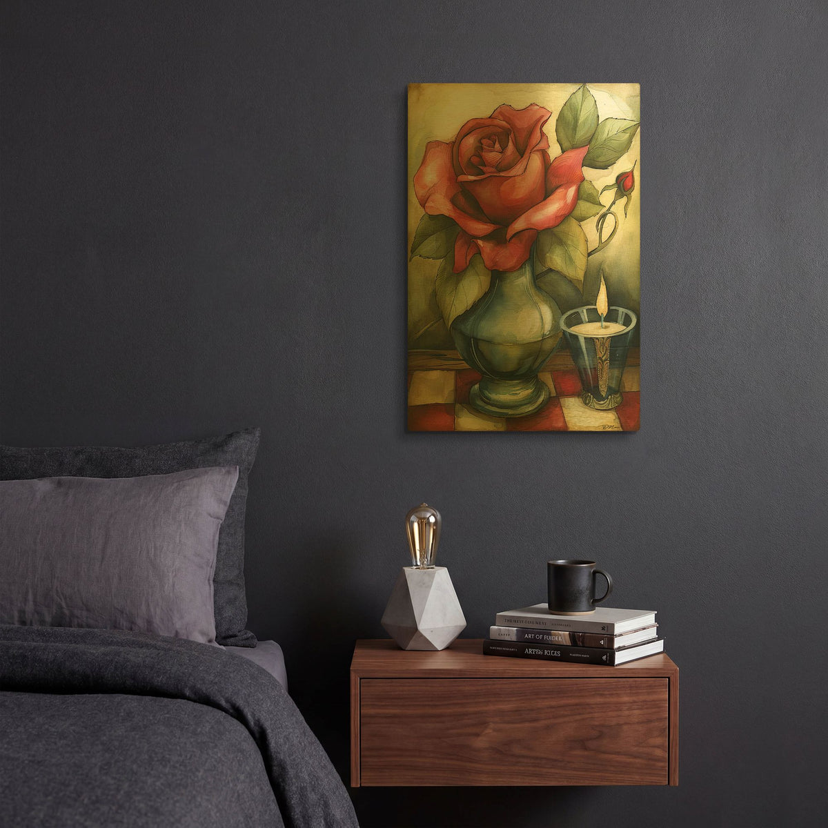 'Rose In Vase With Candle' By Momart Gold Metal Wall Art