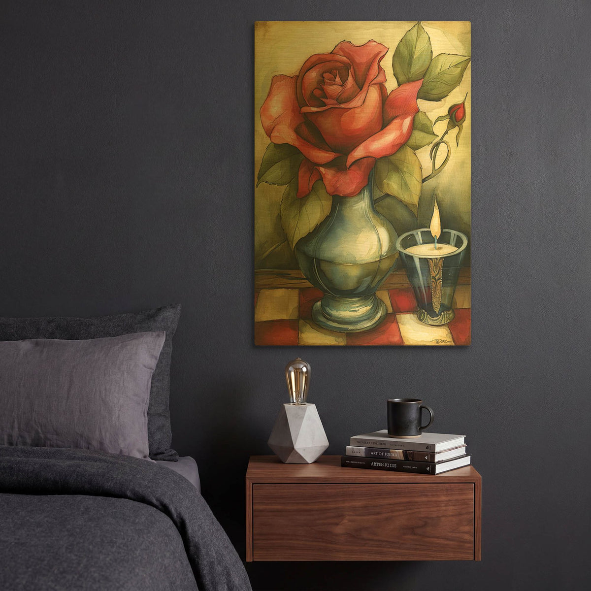 'Rose In Vase With Candle' By Momart Gold Metal Wall Art