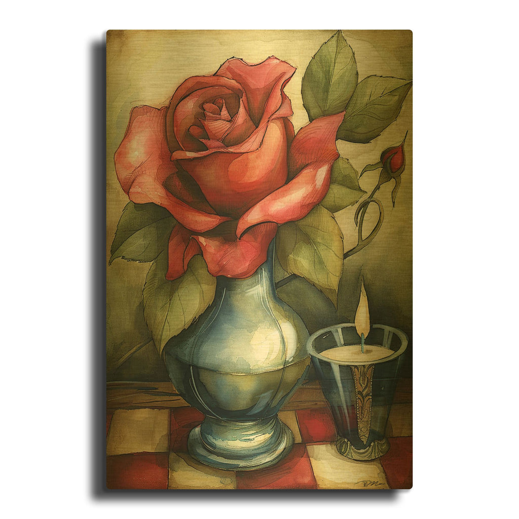 'Rose In Vase With Candle' By Momart Gold Metal Wall Art