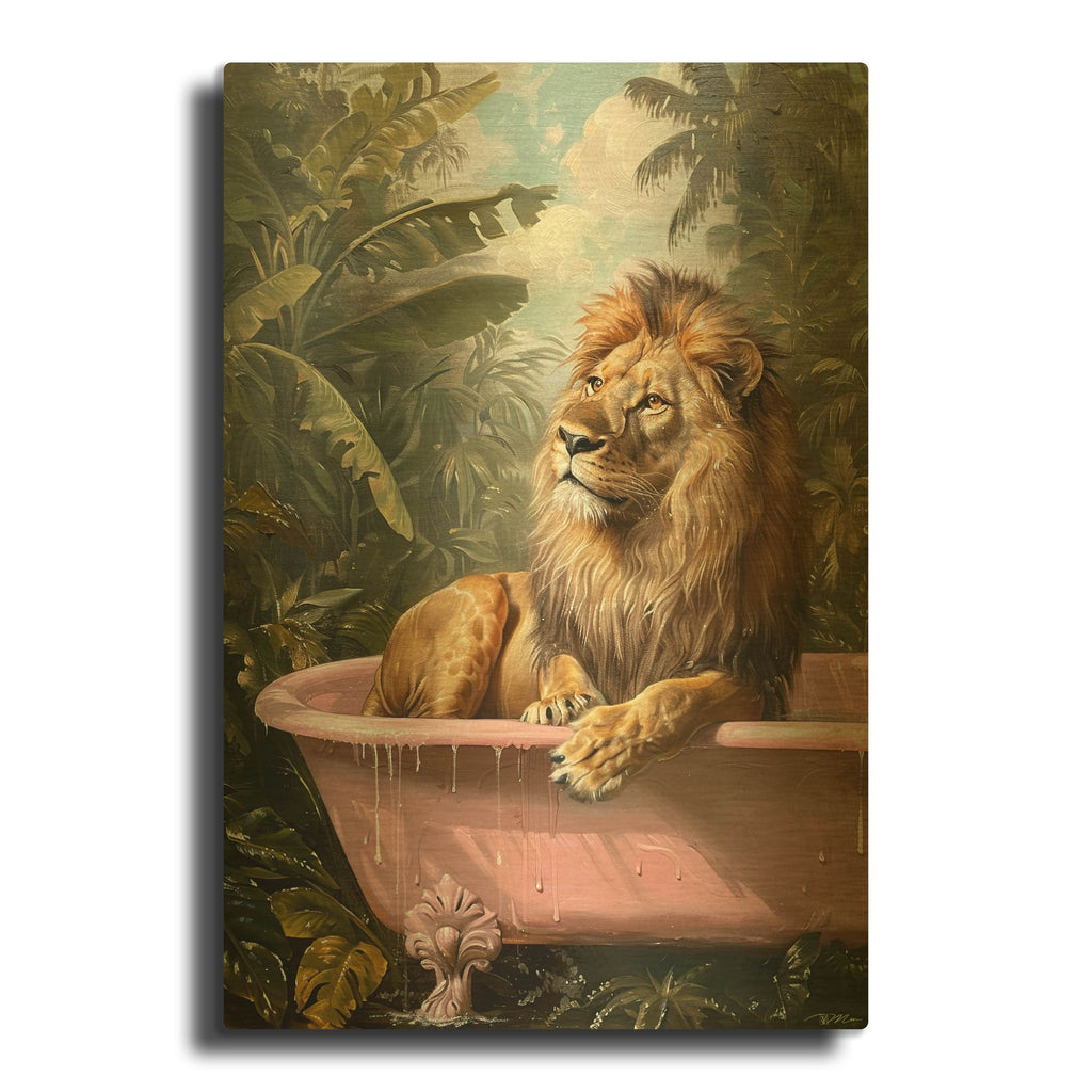 'Satisfied Lion In The Bath' By Momart Gold Metal Wall Art
