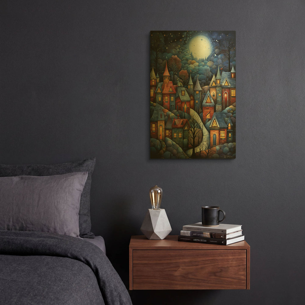 'Serene Village Under The Moon 1' By Momart Gold Metal Wall Art