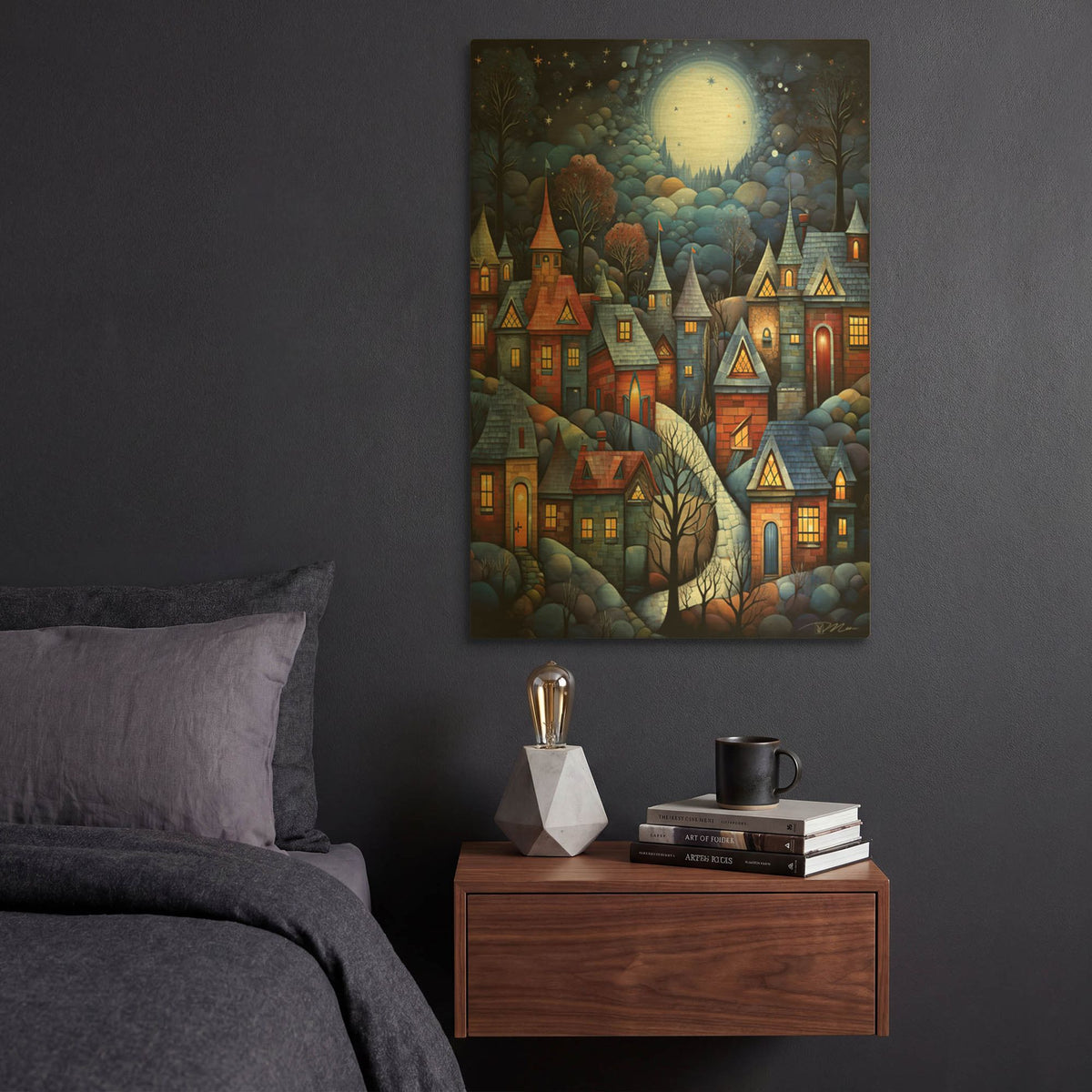'Serene Village Under The Moon 1' By Momart Gold Metal Wall Art