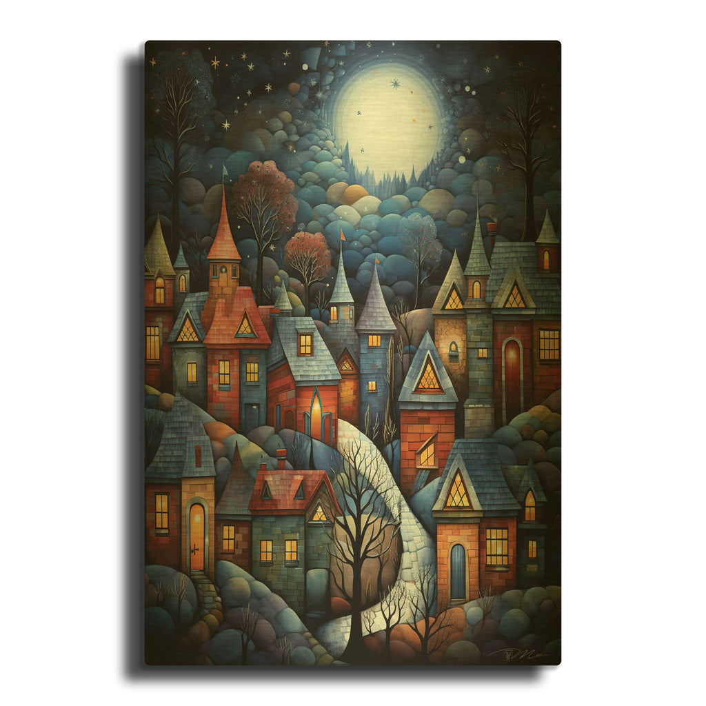 'Serene Village Under The Moon 1' By Momart Gold Metal Wall Art