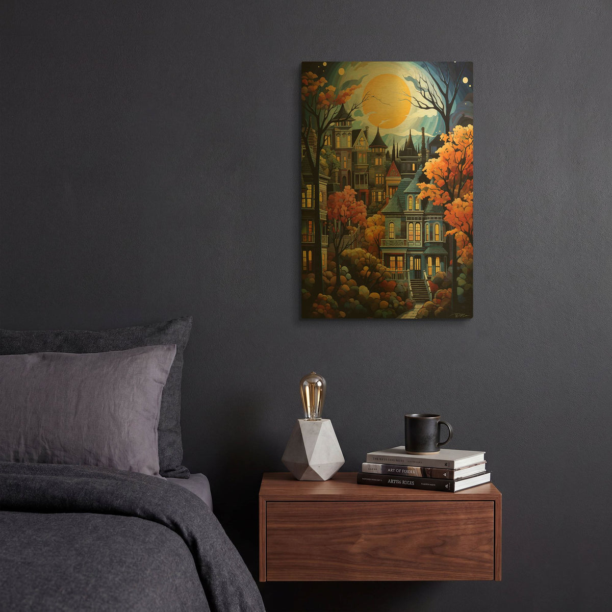'Serene Village Under The Moon 4' By Momart Gold Metal Wall Art