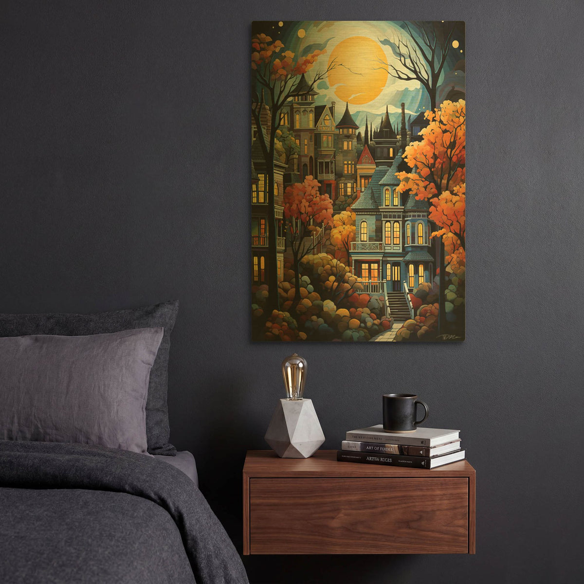 'Serene Village Under The Moon 4' By Momart Gold Metal Wall Art