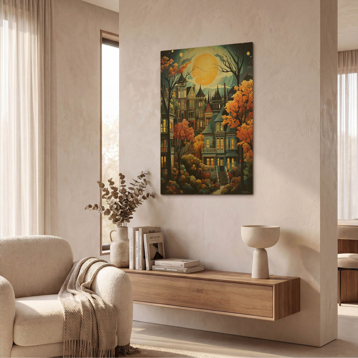 'Serene Village Under The Moon 4' By Momart Gold Metal Wall Art