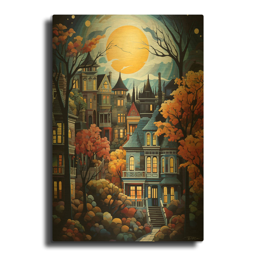 'Serene Village Under The Moon 4' By Momart Gold Metal Wall Art