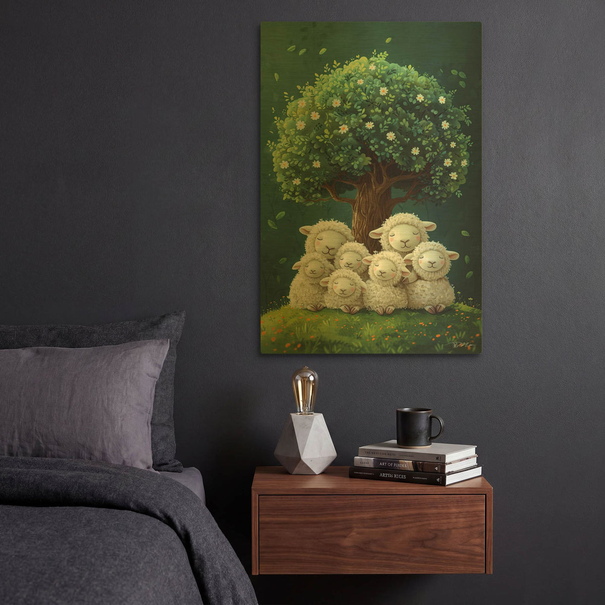 'Seven White Sheep' By Momart Gold Metal Wall Art