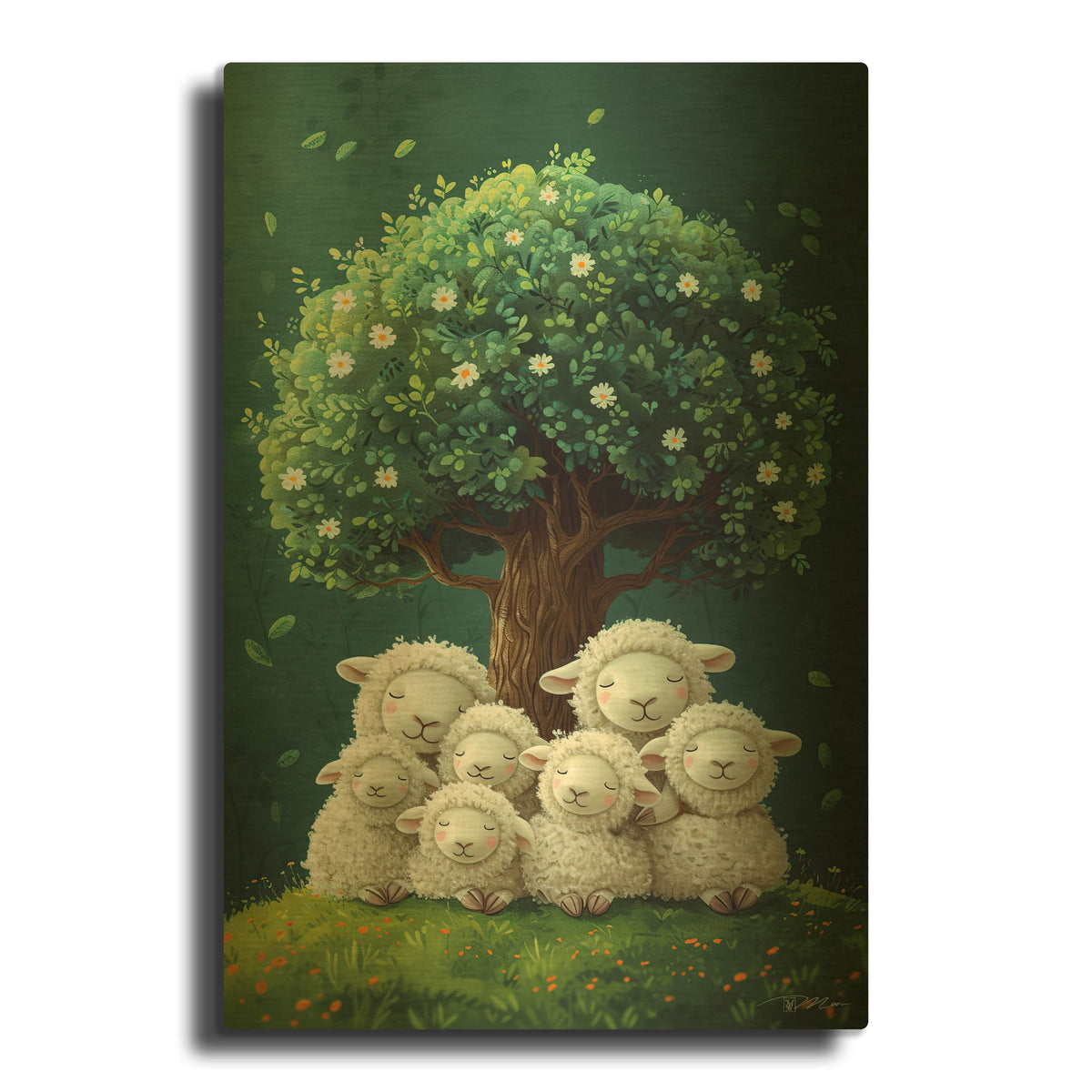 'Seven White Sheep' By Momart Gold Metal Wall Art