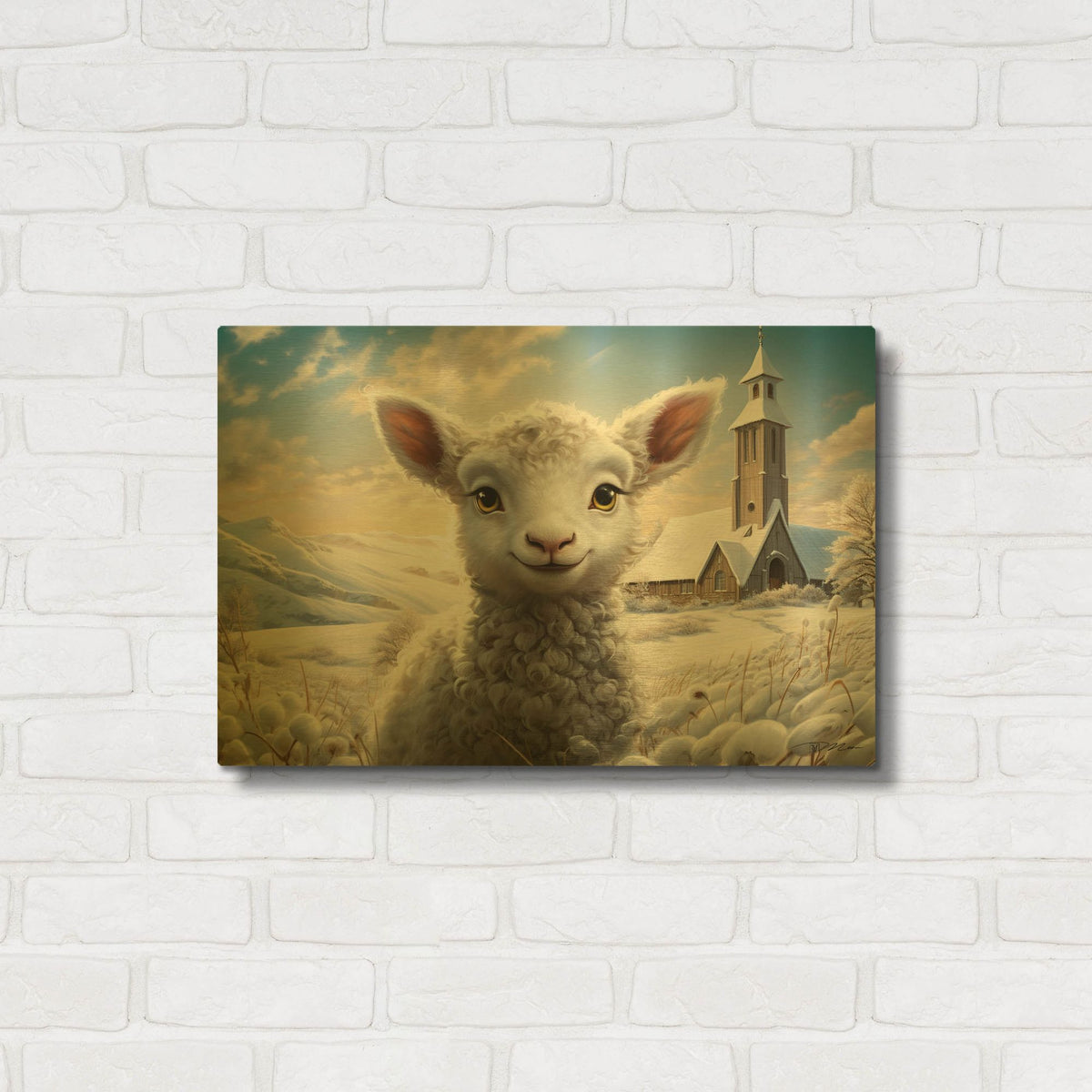 'Sheep And Church In The Snow 2' By Momart Gold Metal Wall Art