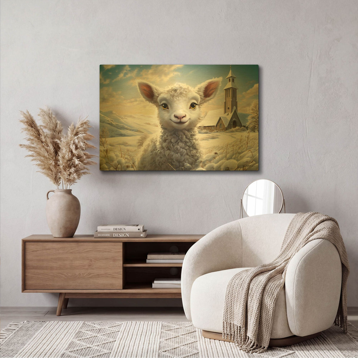 'Sheep And Church In The Snow 2' By Momart Gold Metal Wall Art