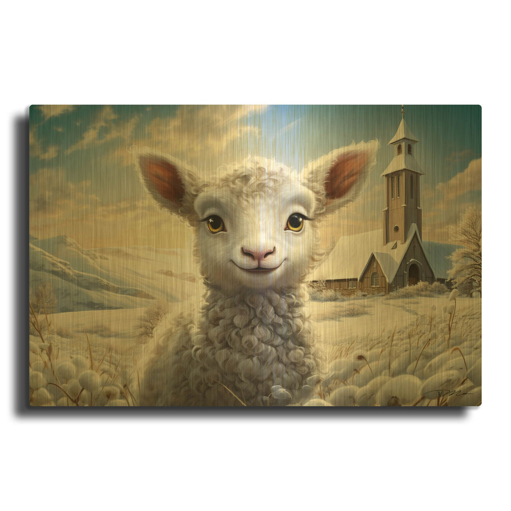 'Sheep And Church In The Snow 2' By Momart Gold Metal Wall Art