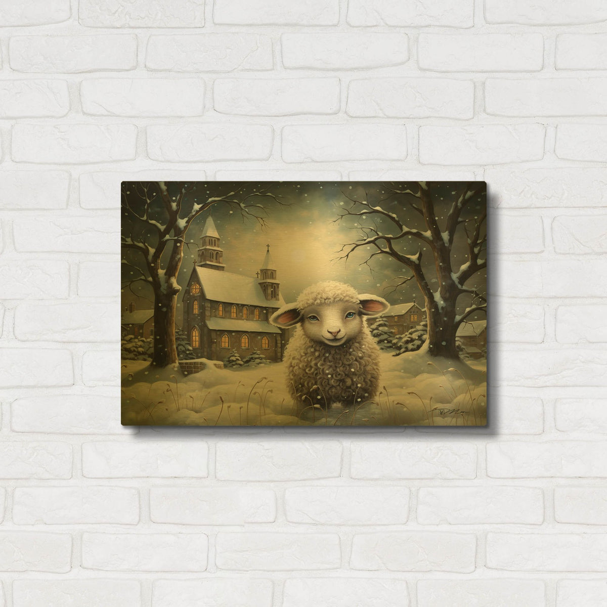 'Sheep And Church In The Snow 3' By Momart Gold Metal Wall Art