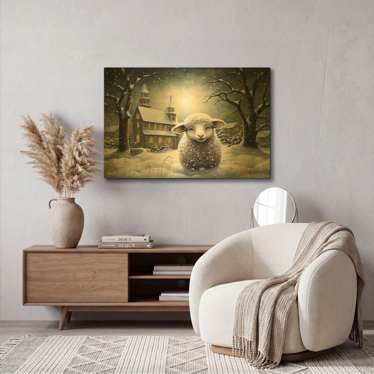 'Sheep And Church In The Snow 3' By Momart Gold Metal Wall Art