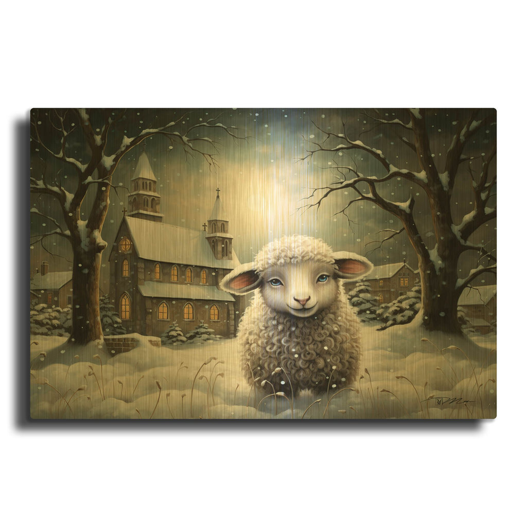 'Sheep And Church In The Snow 3' By Momart Gold Metal Wall Art
