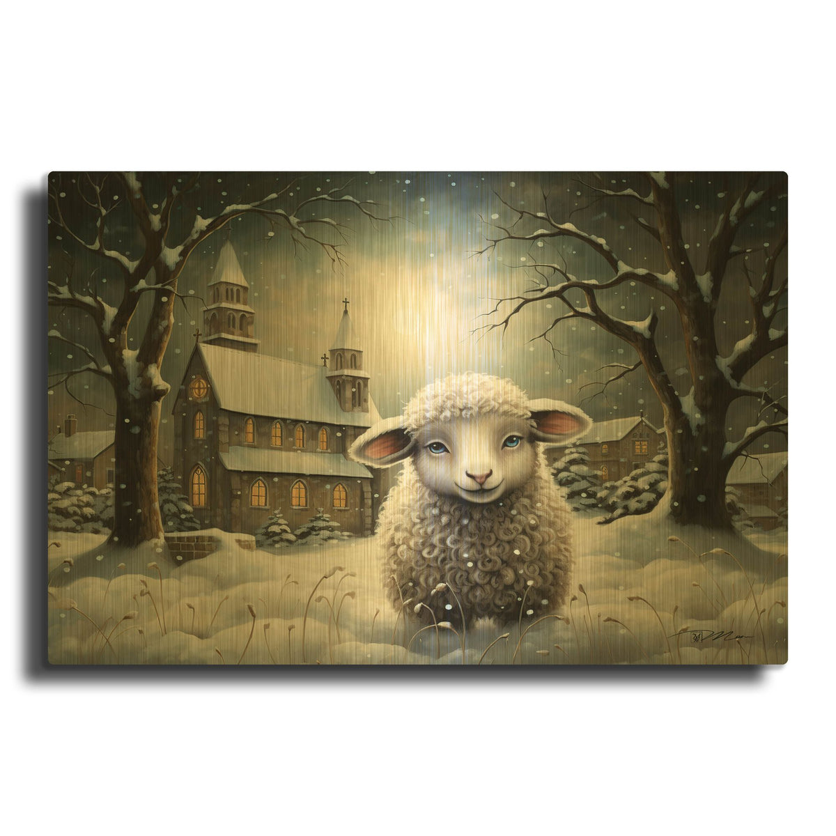 'Sheep And Church In The Snow 3' By Momart Gold Metal Wall Art