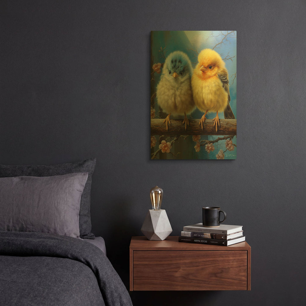 'Small Birds Cocks And Blue' By Momart Gold Metal Wall Art