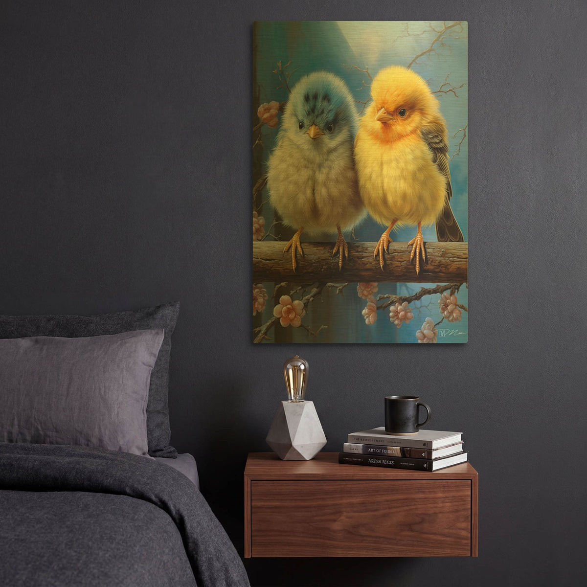 'Small Birds Cocks And Blue' By Momart Gold Metal Wall Art