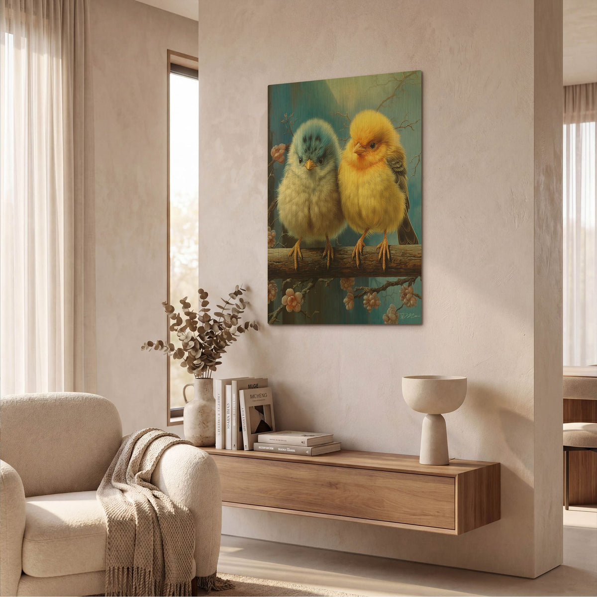 'Small Birds Cocks And Blue' By Momart Gold Metal Wall Art