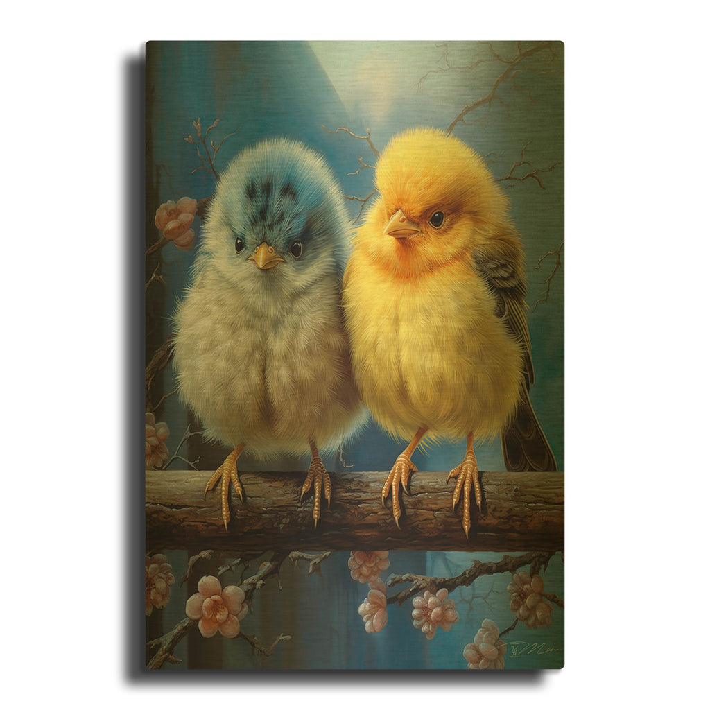 'Small Birds Cocks And Blue' By Momart Gold Metal Wall Art