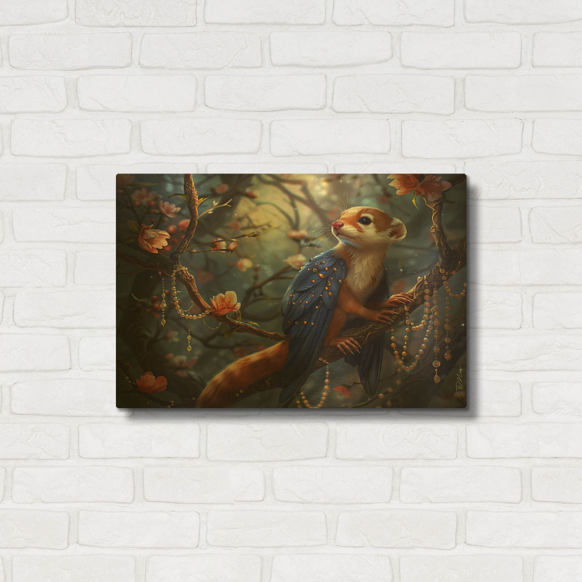 'Small Winged Animal On Branch And Pearls' By Momart Gold Metal Wall Art