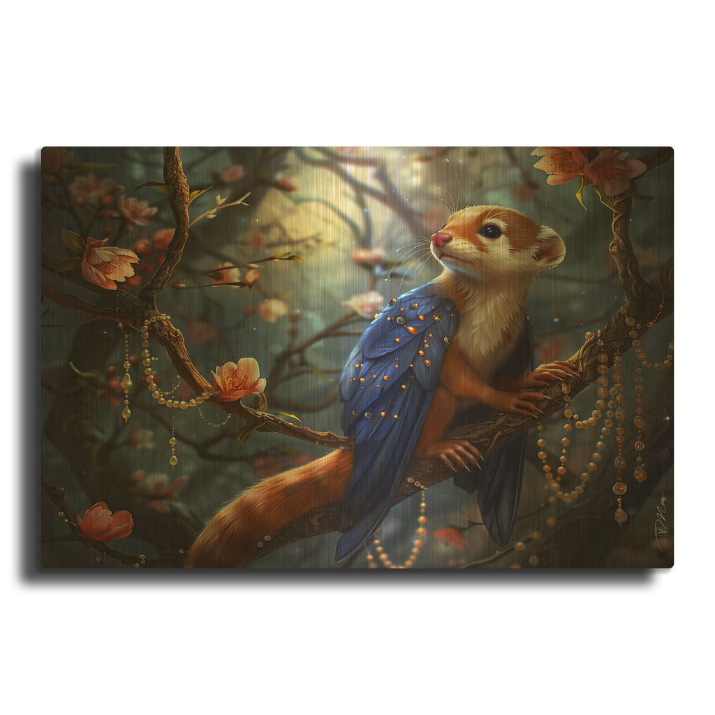 'Small Winged Animal On Branch And Pearls' By Momart Gold Metal Wall Art