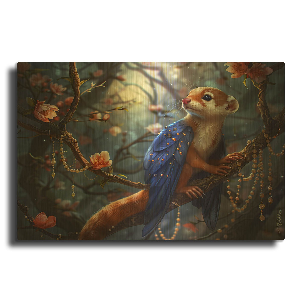 'Small Winged Animal On Branch And Pearls' By Momart Gold Metal Wall Art