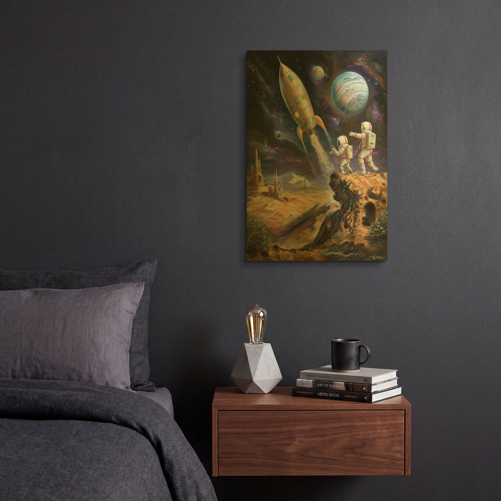 'Space Illustration Retro Futuristic 1' By Momart Gold Metal Wall Art