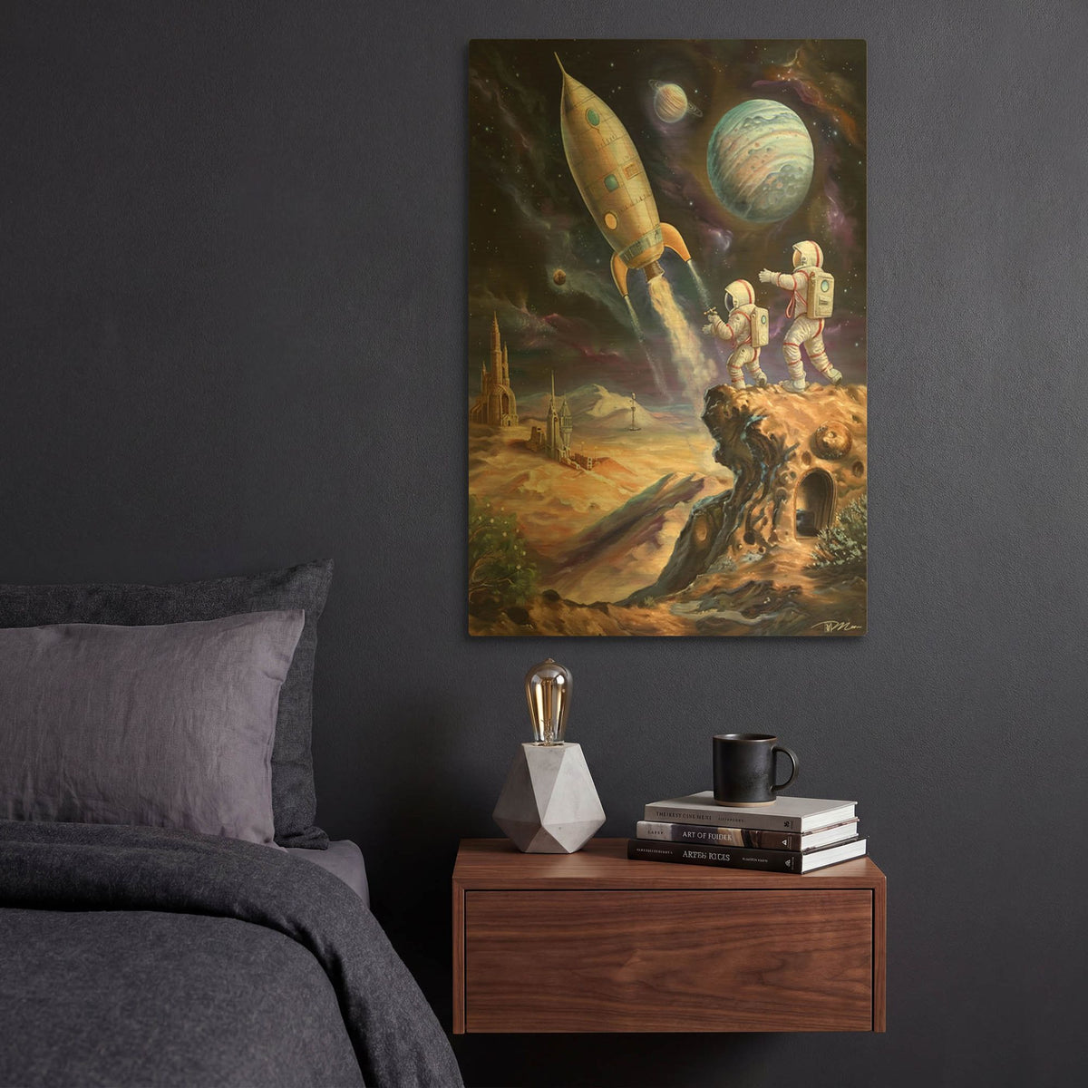 'Space Illustration Retro Futuristic 1' By Momart Gold Metal Wall Art