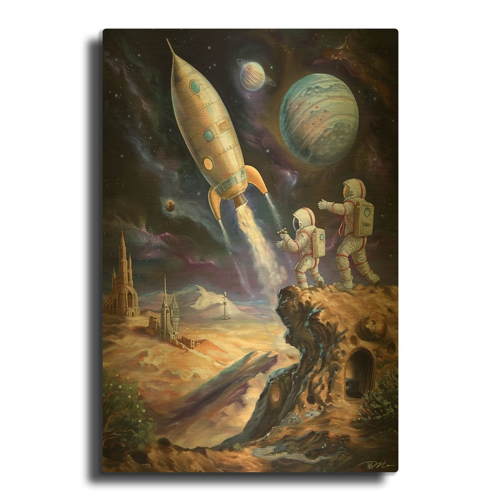 'Space Illustration Retro Futuristic 1' By Momart Gold Metal Wall Art