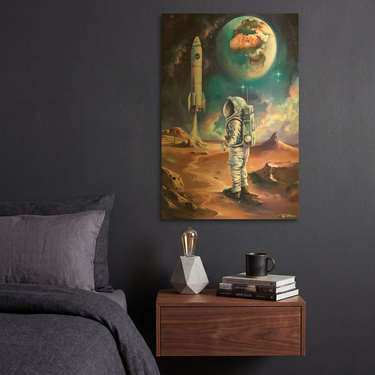 'Space Illustration Retro Futuristic 2' By Momart Gold Metal Wall Art