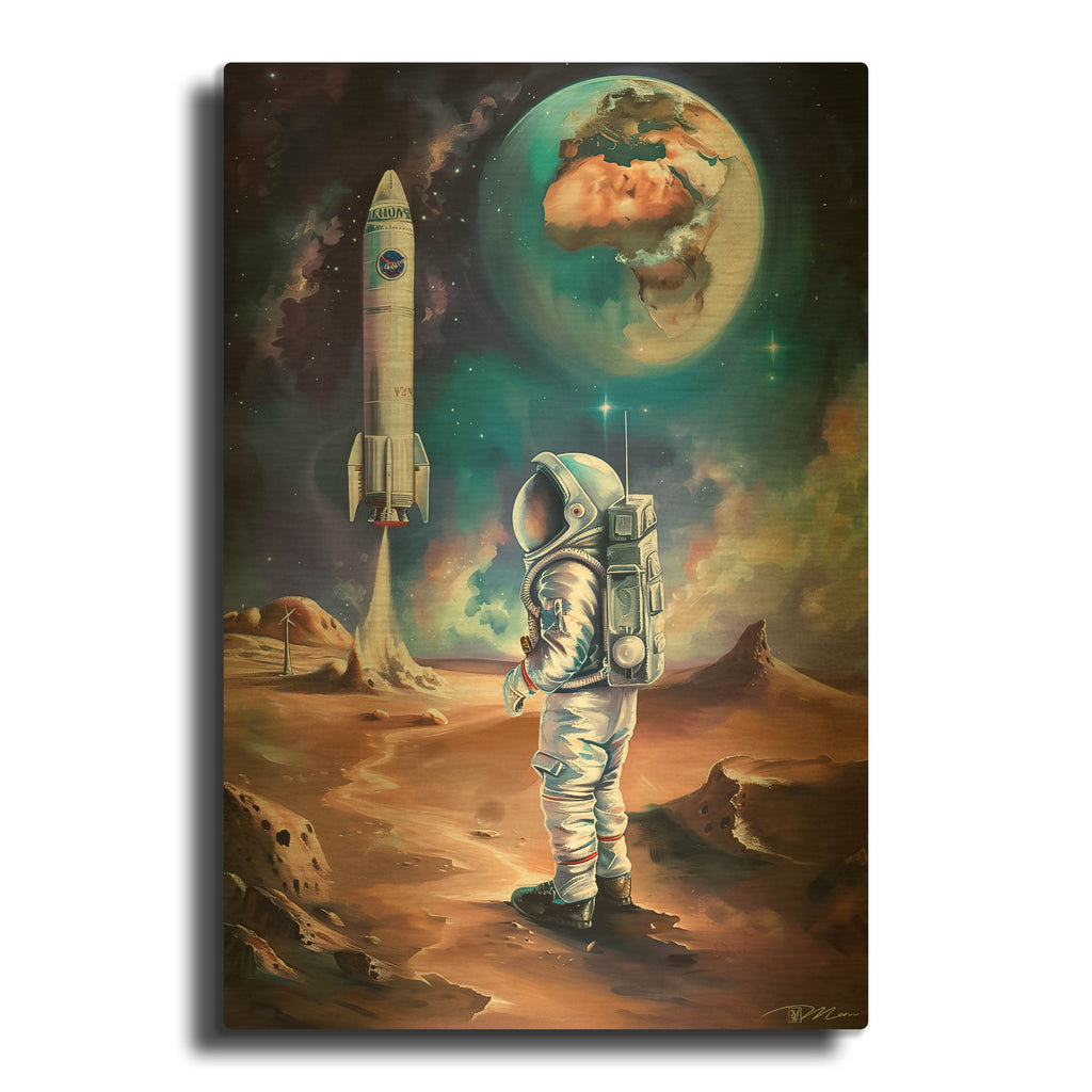 'Space Illustration Retro Futuristic 2' By Momart Gold Metal Wall Art