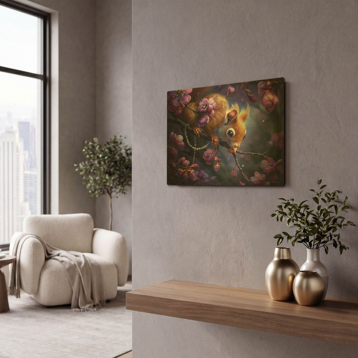 'Squirrel Fantastic Between Purple Flowers And Pearls' By Momart Gold Metal Wall Art