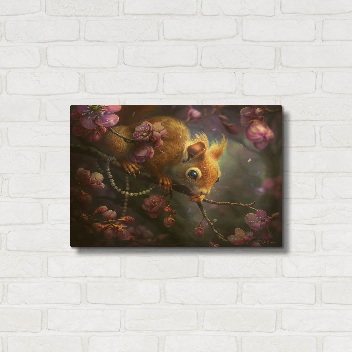 'Squirrel Fantastic Between Purple Flowers And Pearls' By Momart Gold Metal Wall Art