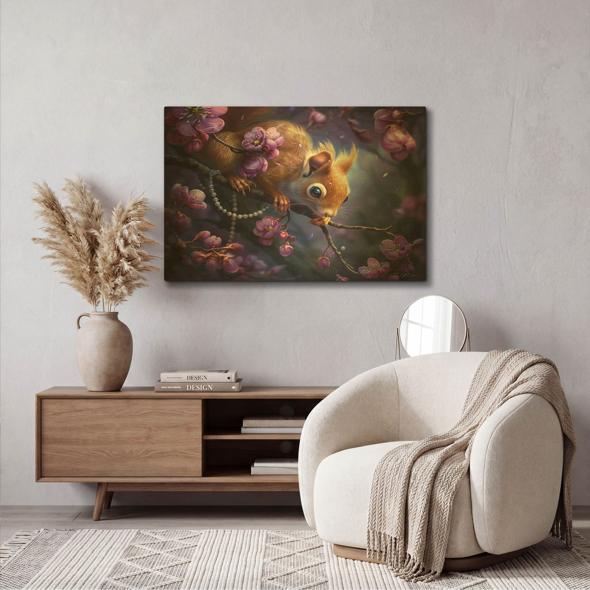 'Squirrel Fantastic Between Purple Flowers And Pearls' By Momart Gold Metal Wall Art
