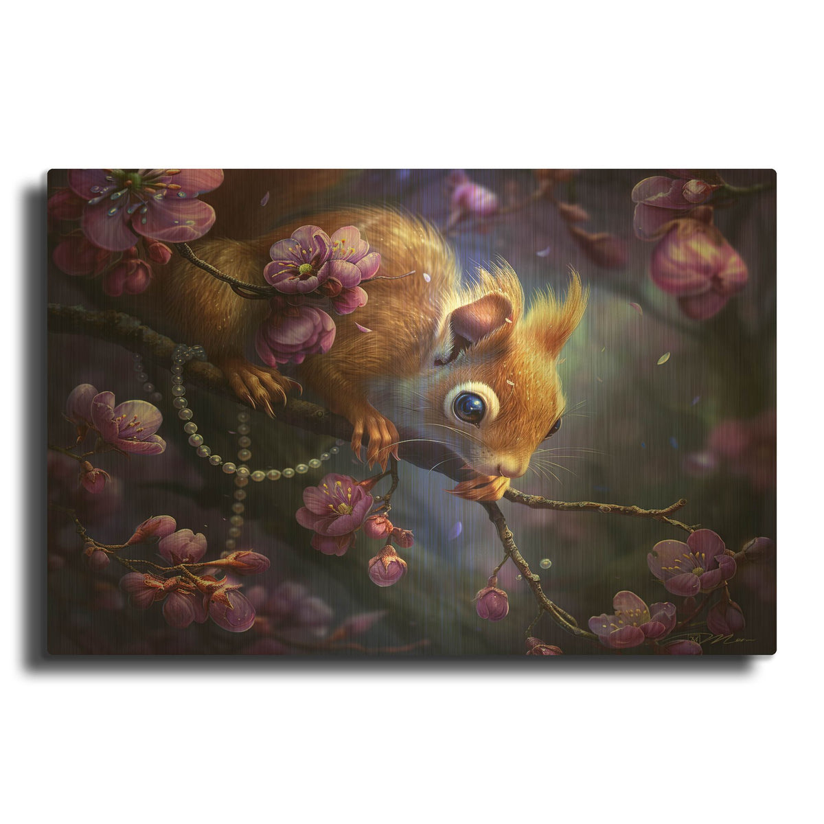 'Squirrel Fantastic Between Purple Flowers And Pearls' By Momart Gold Metal Wall Art