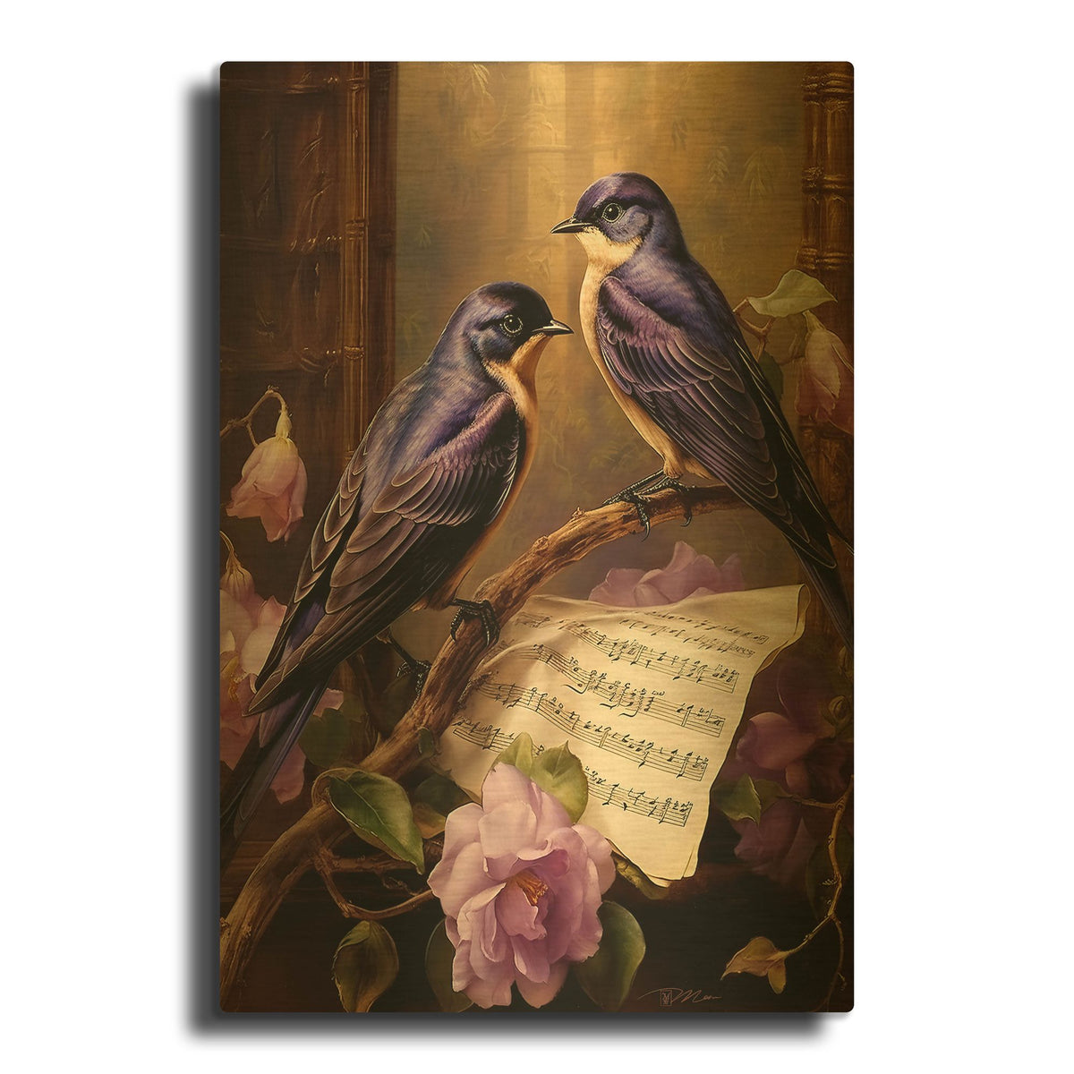 'Swallows In Music' By Momart Gold Metal Wall Art
