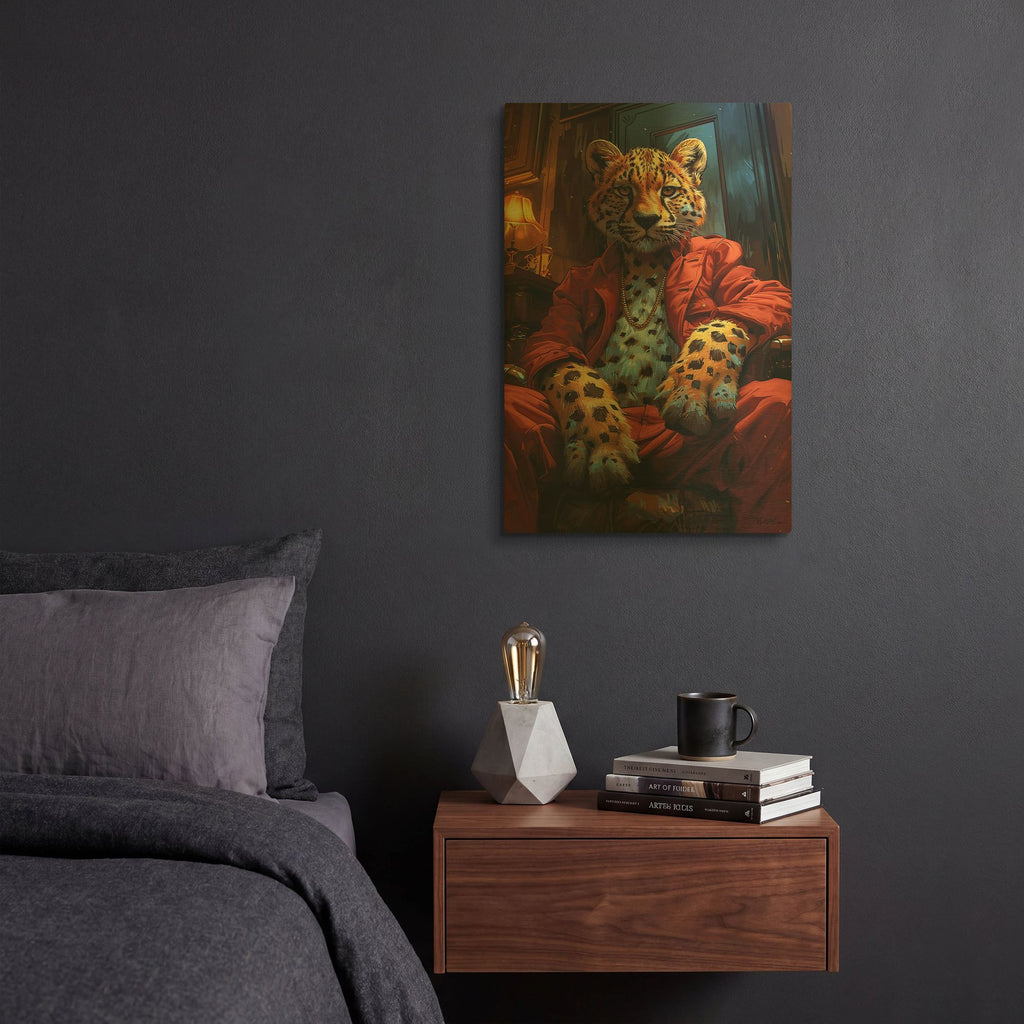 'Teenage Leopard In Red Dress' By Momart Gold Metal Wall Art