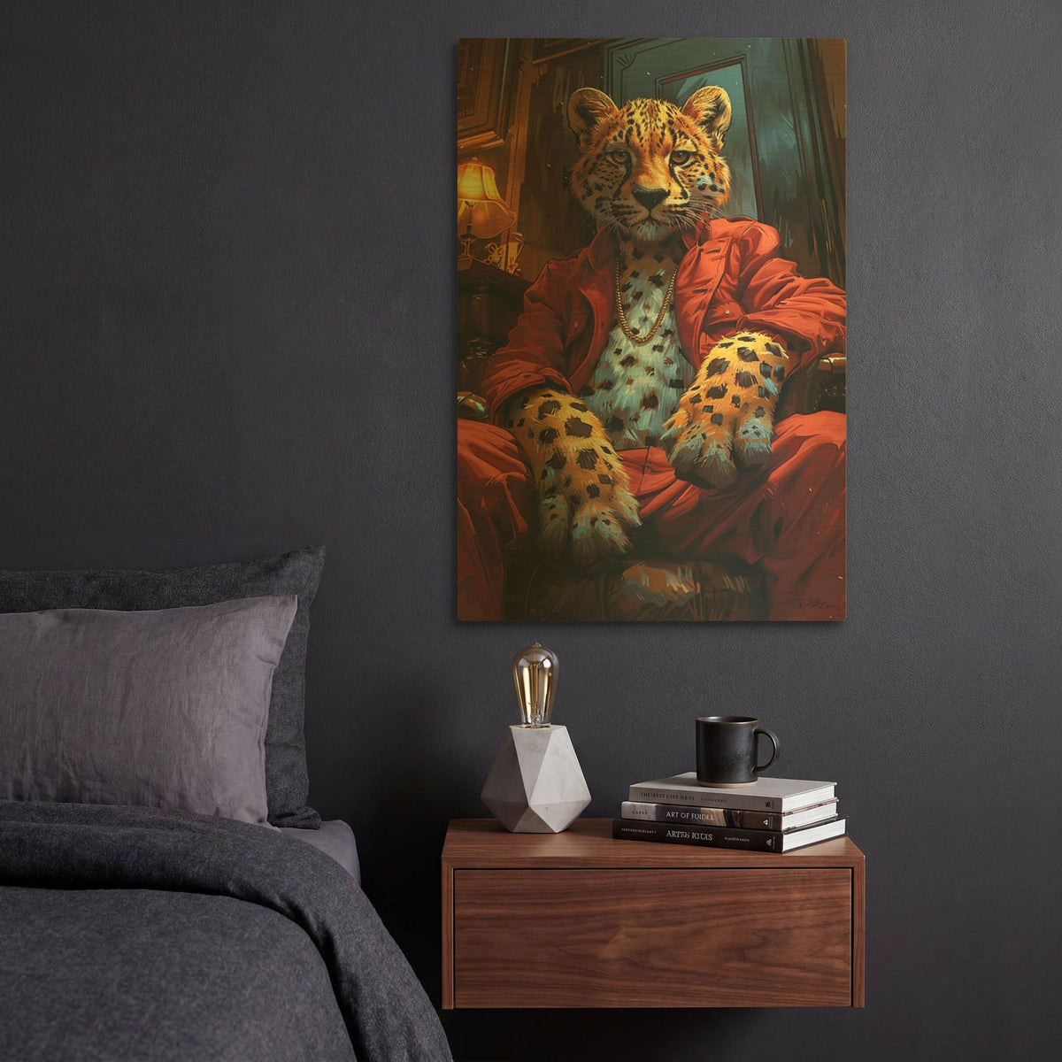 'Teenage Leopard In Red Dress' By Momart Gold Metal Wall Art