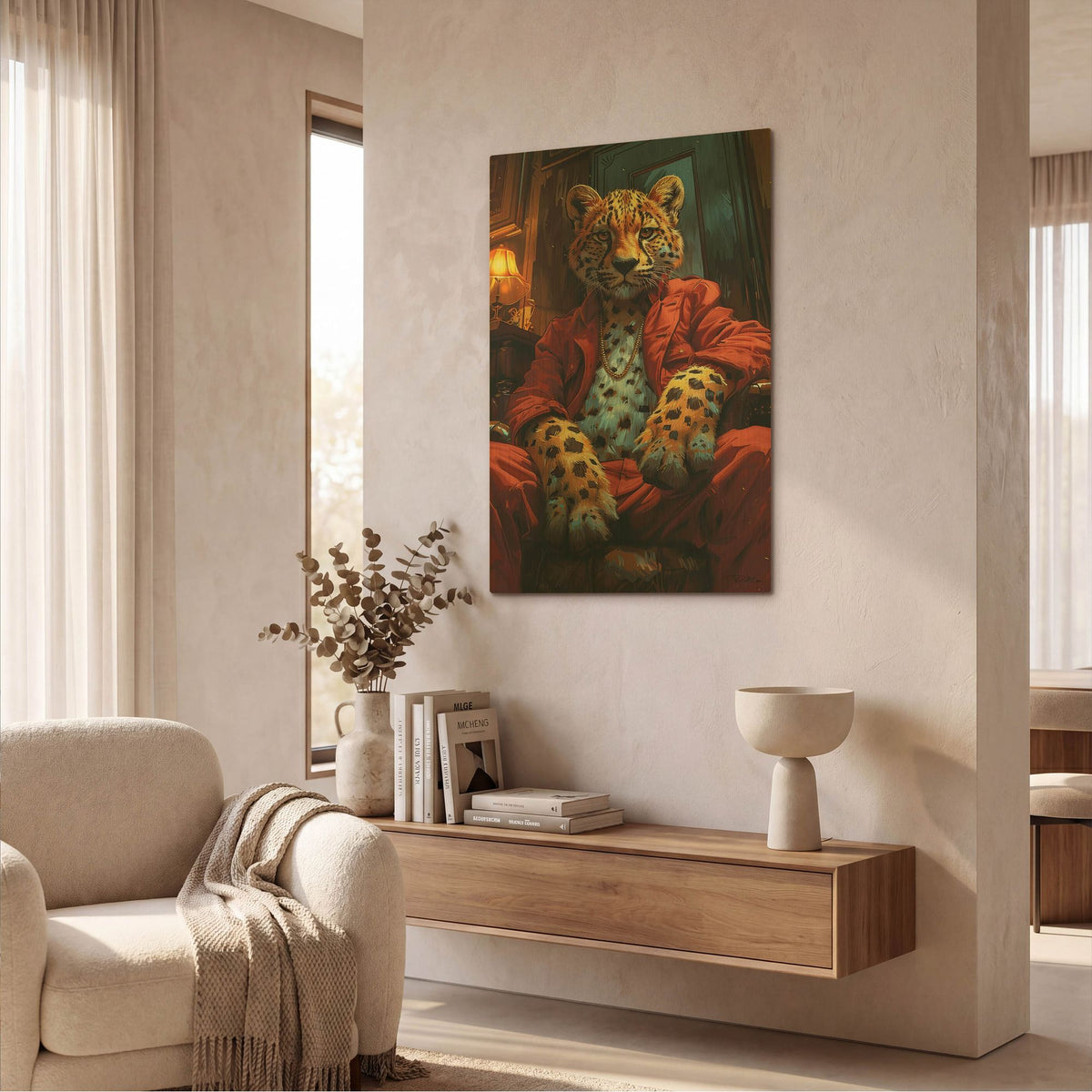 'Teenage Leopard In Red Dress' By Momart Gold Metal Wall Art