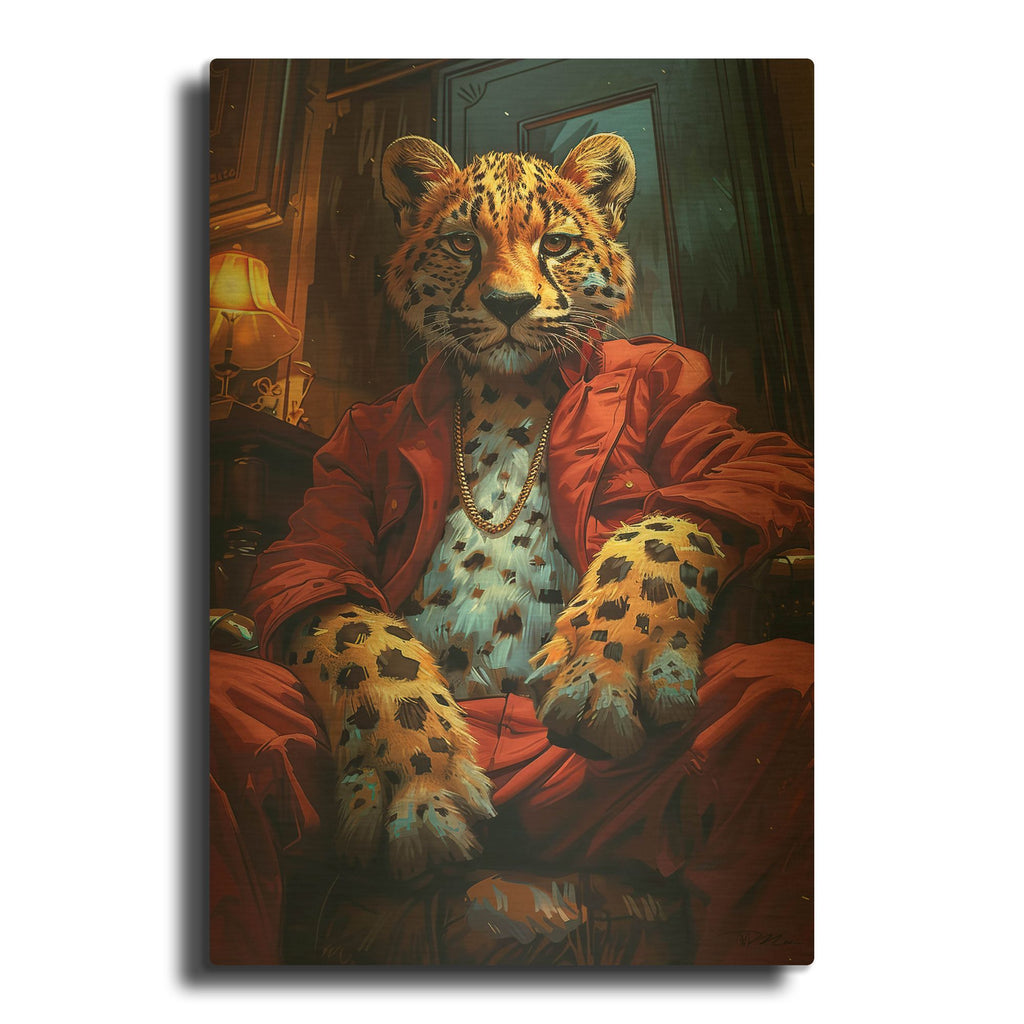 'Teenage Leopard In Red Dress' By Momart Gold Metal Wall Art