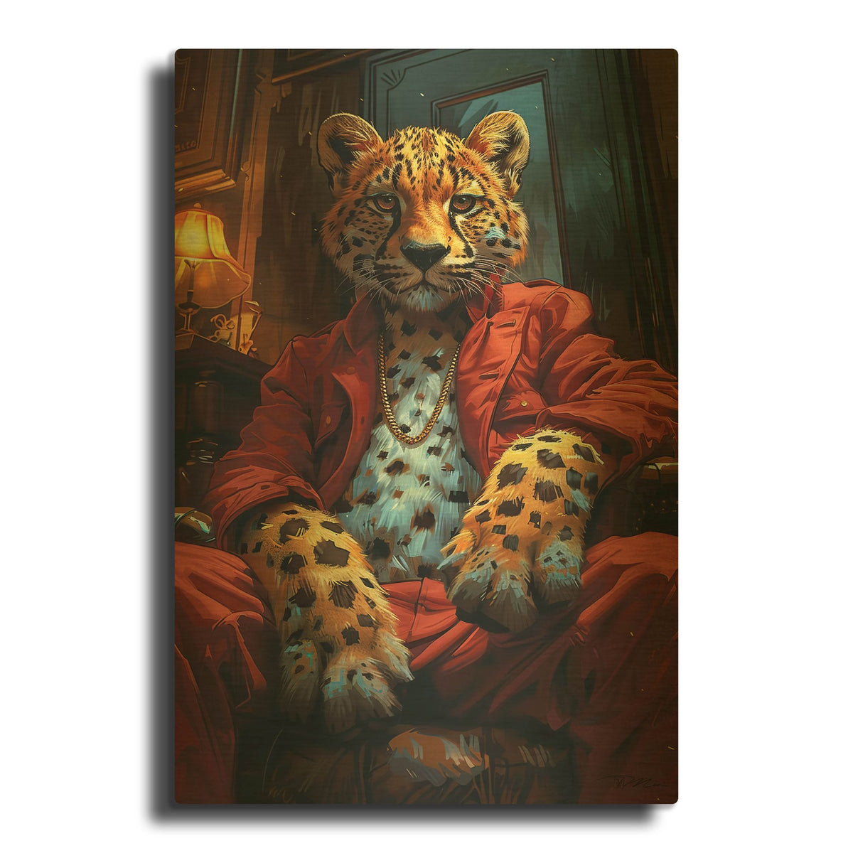'Teenage Leopard In Red Dress' By Momart Gold Metal Wall Art